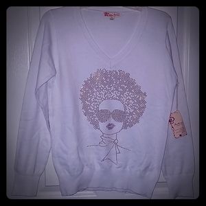 Afro Lady Rhinestone V-Neck Sweater - 1X = 14